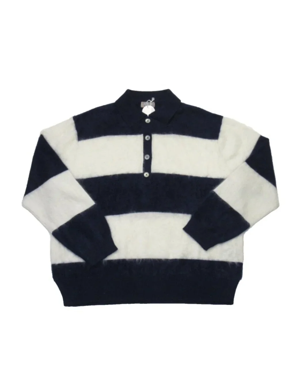 NWT J.Crew Brushed Cashmere Rugby Sweater in  Navy Snow Stripe Henley Polo L